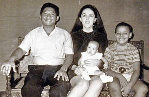 Barack Obama at age 9, shown with his mother Ann Dunham, his Indonesian stepfather Lolo Soetoro, and his less than 1-year-old sister Maya Soetoro in Jakarta, Indonesia.