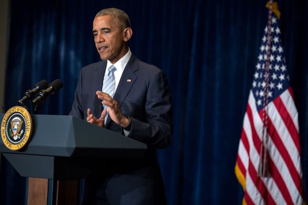President Barack Obama delivers a statement to the press regarding the police shootings in Falcon Heights, Minn. and Baton Rouge, La., from the Marriott Hotel in Warsaw, Poland, July 8, 2016. (White House/Pete Souza)