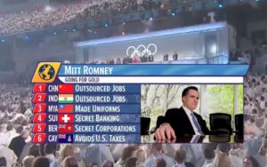 This ad, quickly pulled down after pressure from Olympic officials, attacks Mitt Romney against a backdrop of Olympic pageantry.
