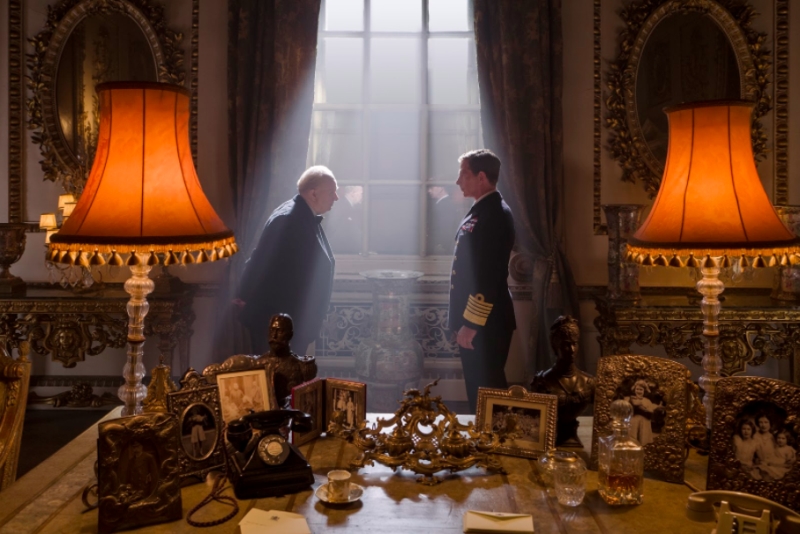 Gary Oldman as Winston Churchill accepts the appointment as Prime Minister from King George VI, played by Ben Mendelsohn in "Darkest Hour". (Jack English / Focus Features)