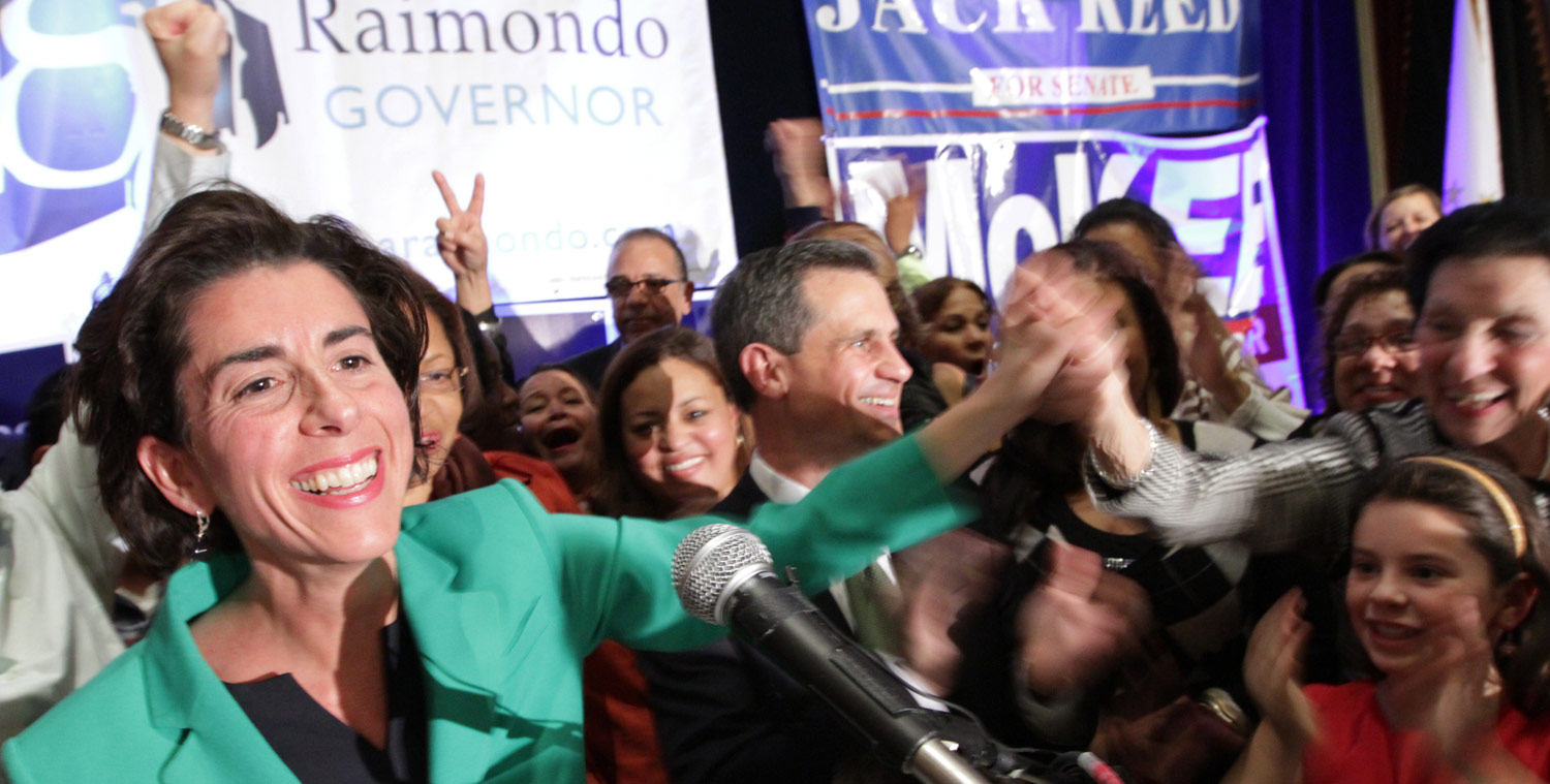 Gina Raimondo celebrates her election victory on Nov. 4, 2014. (Providence Journal / Sandor Bodo)