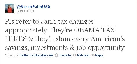 Sarah Palin sent this tweet as the debate over whether to extend the Bush tax cuts heated up.