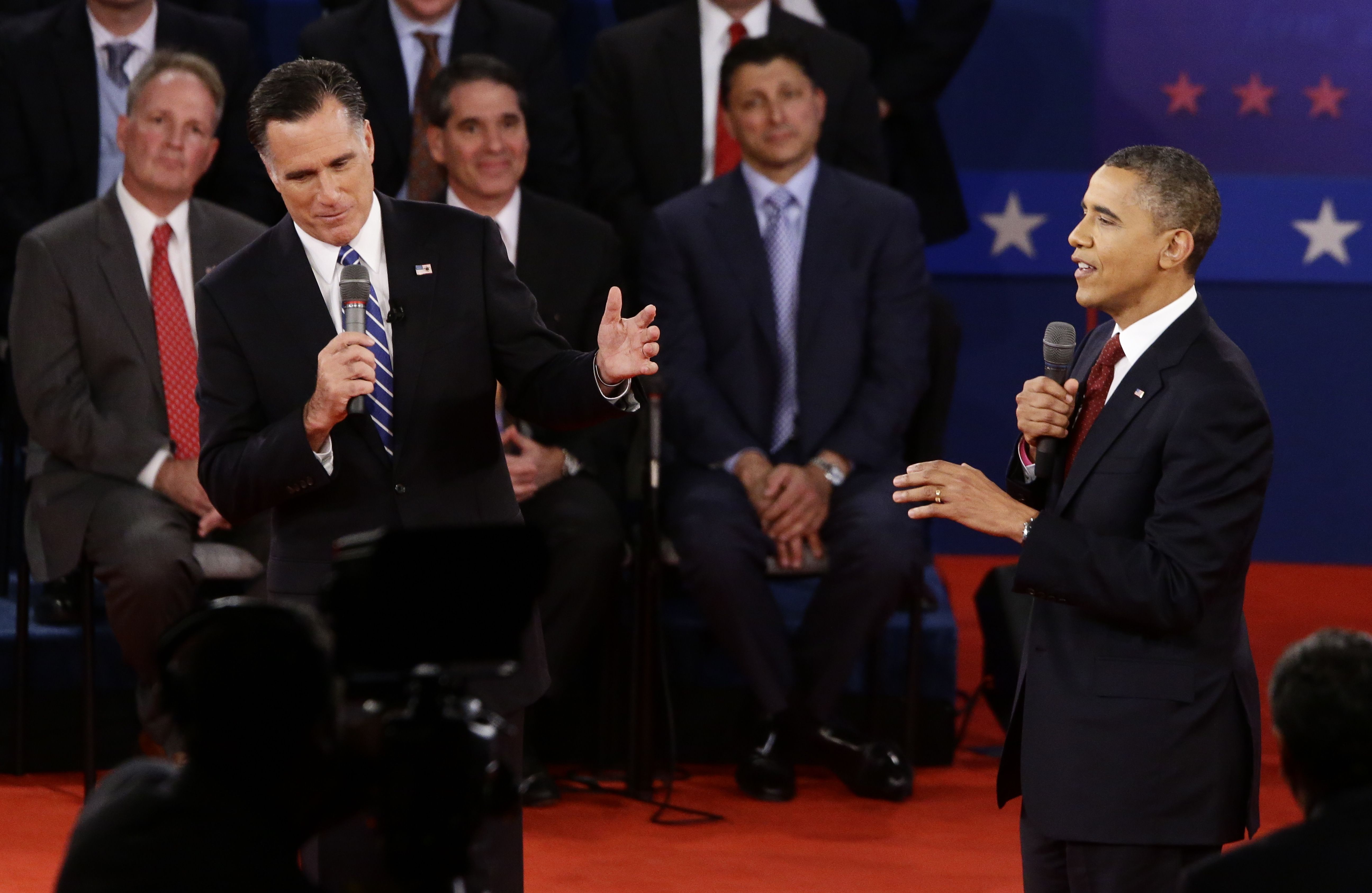 Republican presidential nominee Mitt Romney (left) and President Barack Obama (right) mix it up during the Oct. 16, 2012, debate in New York.