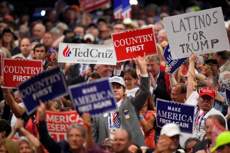 A Ted Cruz supporter holds a sign during his speech on the third day of the Republican National Convention in Cleveland, Wednesday, July 20, 2016. (AP Photo/Mark J. Terrill)