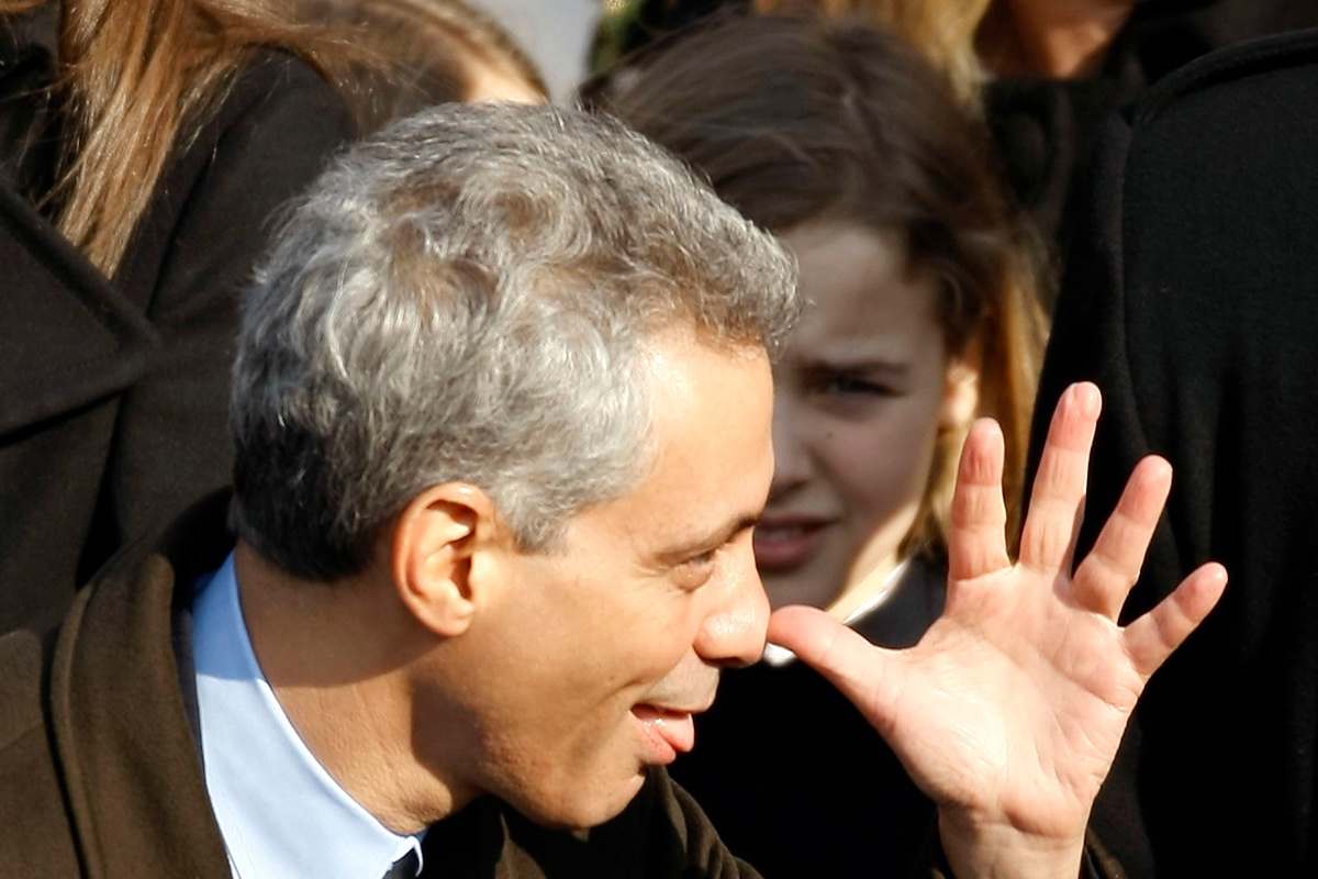 Then-Chief of Staff Rahm Emanuel makes a funny gesture ahead of Barack Obama's inauguration as 44th President of the United States on January 20, 2009 in Washington, D.C. (Chip Somodevilla/Getty Images)