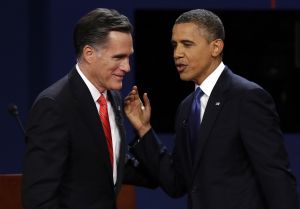 Mitt Romney and Barack Obama meet at the first presidential debate on Oct. 3 in Denver.