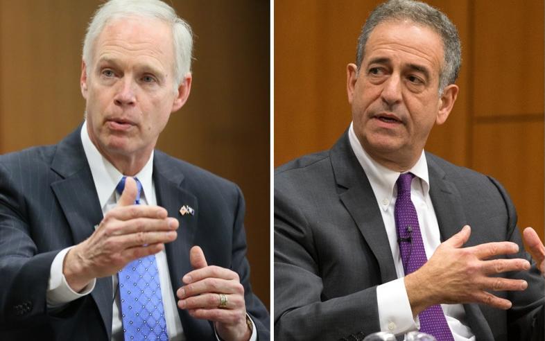 Republican incumbent Ron Johnson (left), in his bid to win re-election to the U.S. Senate, has criticized Democrat Russ Feingold's praise of Democratic presidential nominee Hillary Clinton.