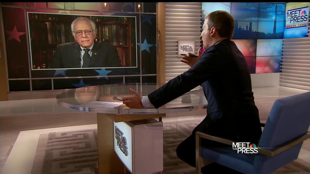 Sen. Bernie Sanders discussing his comments about Hillary Clinton's presidential qualifications on NBC's "Meet the Press" with host Chuck Todd on April 10, 2016. (NBC photo)
