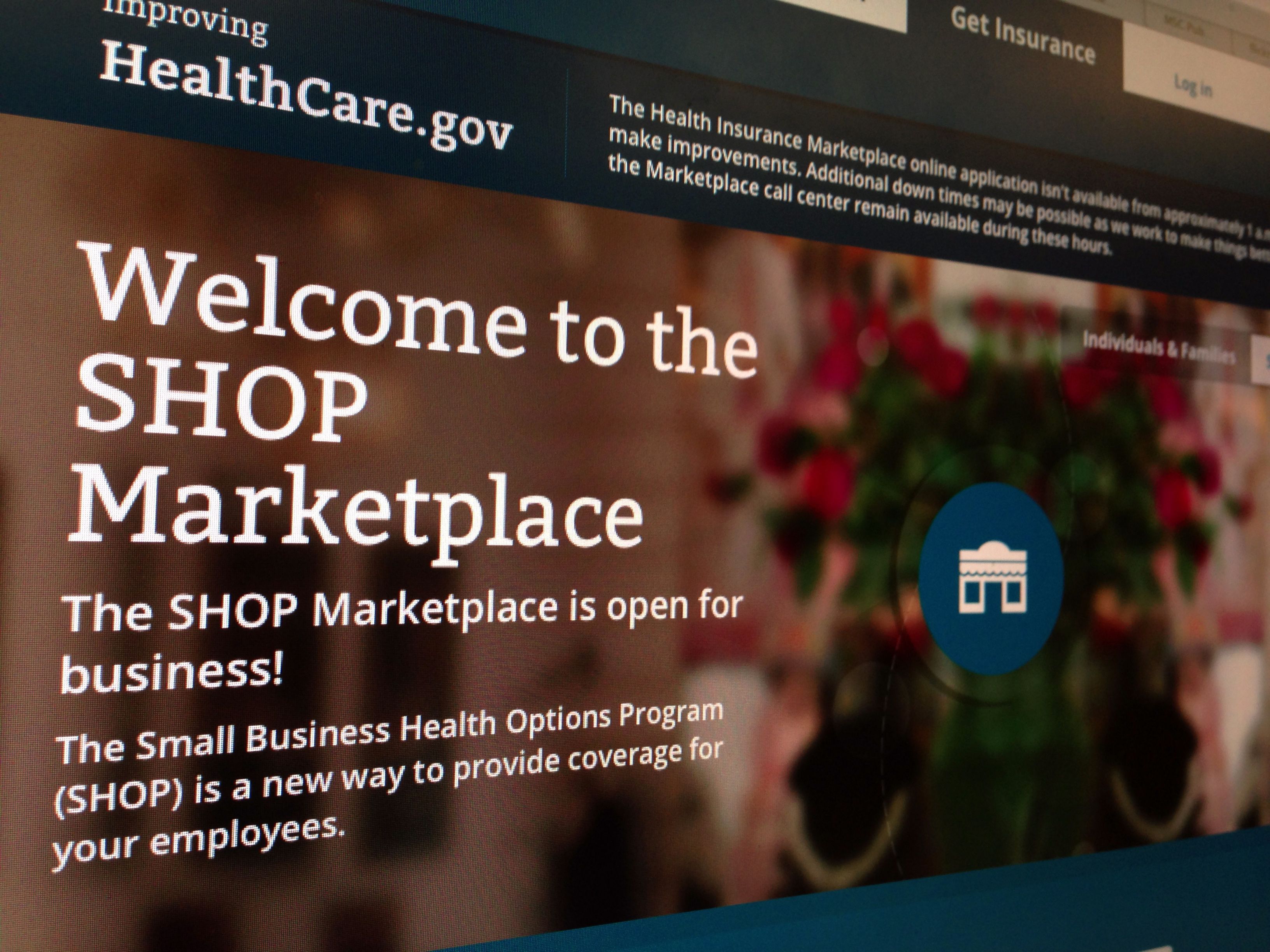 This file photo of part of the HealthCare.gov website page featuring information about the SHOP Marketplace is photographed in Washington. Photo credit: AP