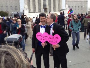 The Supreme Court is about to rule on same-sex marriage. John Lewis, 54, kissed his partner Stuart Gaffney, 50, outside the court in March when oral arguments were heard.