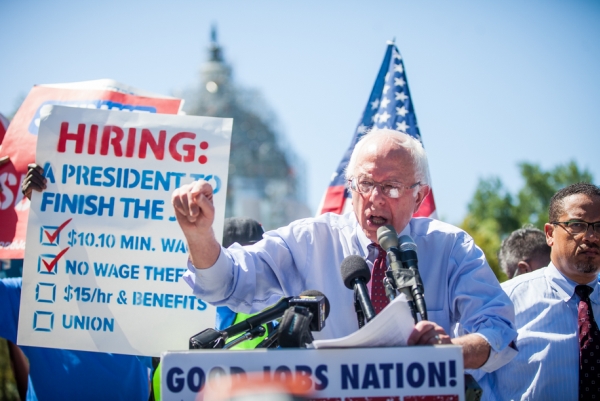 Democratic presidential candidate Bernie Sanders discusses the minimum wage during a rally on Capitol Hill in Washington, on July 22, 2015. (Zach Gibson/New York Times)