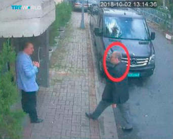This image purportedly shows Saudi journalist Jamal Khashoggi entering the Saudi consulate in Istanbul, Tuesday, Oct. 2, 2018, shortly before he was murdered. (CCTV/TRT World via AP)
