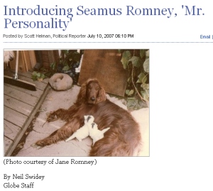 The Boston Globe broke the story of Seamus and his reported fondness for the rooftop of the Romney station wagon.