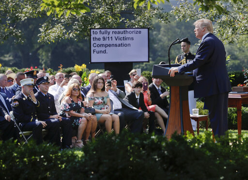 President Donald Trump speaks before signing H.R. 1327, an act ensuring that a victims' compensation fund related to the Sept. 11 attacks never runs out of money, in the Rose Garden of the White House, Monday, July 29, 2019, in Washington. (AP)