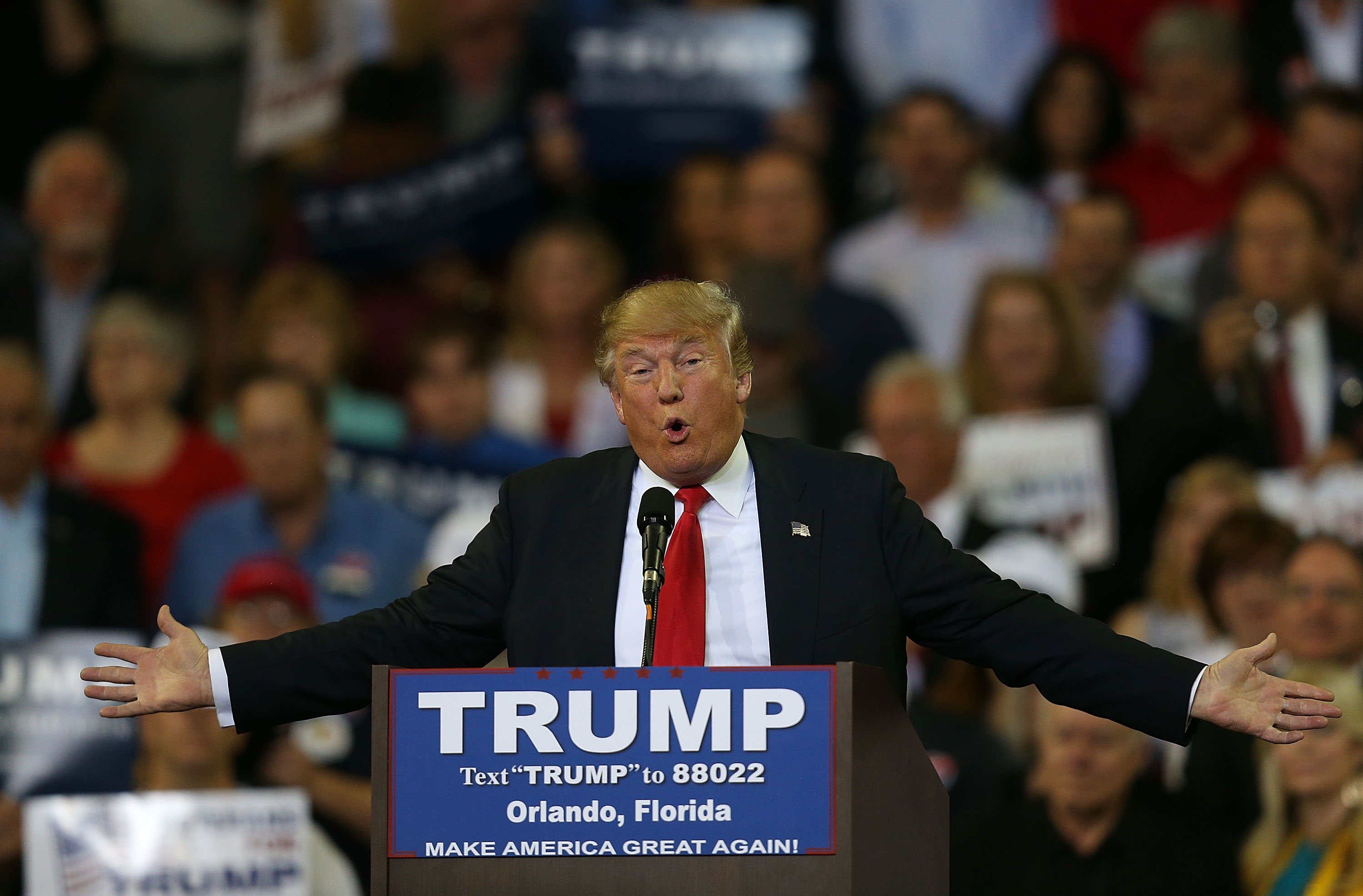 Republican front runner Donald Trump speaks at the University of Central Florida. Trump has been defending his defunct Trump University, saying it has an A rating from the Better Business Bureau. (Getty Images)