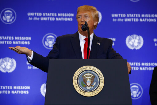 President Donald Trump speaks during a news conference at the InterContinental Barclay New York hotel during the United Nations General Assembly, Wednesday, Sept. 25, 2019, in New York. (AP)
