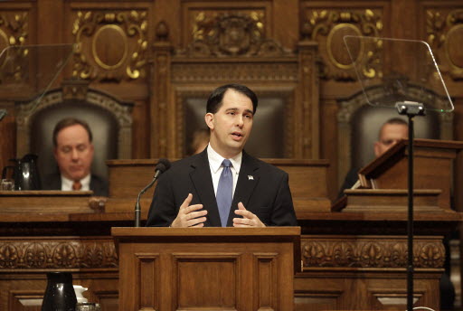 Gov. Scott Walker addressing legislators on his biennial budget on Feb. 20, 2013
