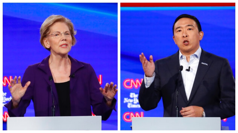 Elizabeth Warren and Andrew Yang differed on the impact of trade and automation on jobs. ((AP Photo/John Minchillo)