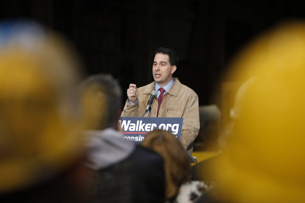 First-term Gov. Scott Walker is facing a recall election this summer. He is shown here launching his campaign.