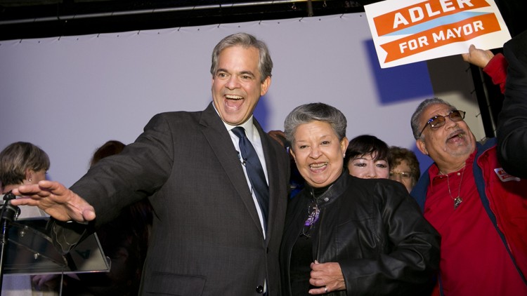 Steve Adler, shown here celebrating his win for Austin mayor in December 2014, made a homestead exemption promise newly rated as a Promise Broken on the PolitiFact Texas Adler-O-Meter (Jay Janner, Austin American-Statesman).