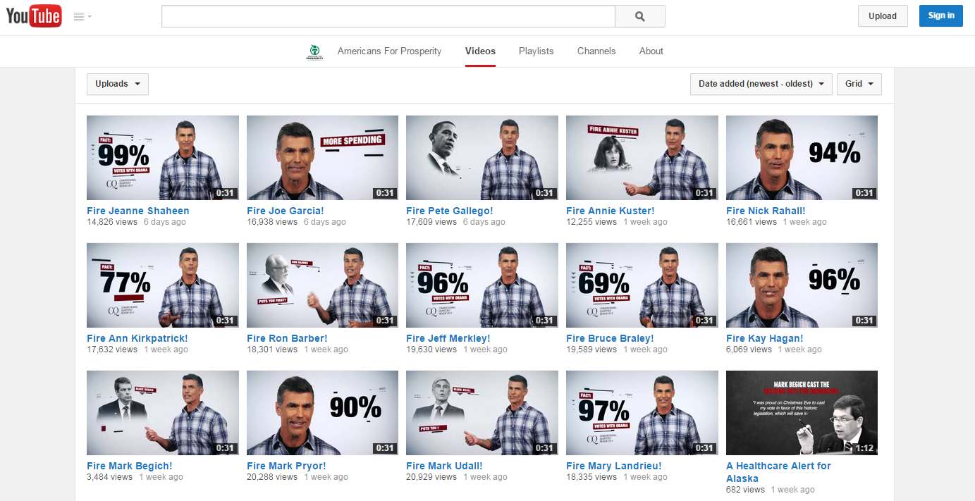 Conservative political action committee Americans for Prosperity released 14 identical videos attacking Democrats for how often their votes in Congress lined up with President Barack Obama.
