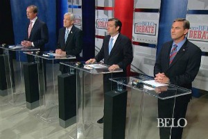 Republican U.S. Senate hopefuls (l. to r.) David Dewhurst, Tom Leppert, Ted Cruz and Craig James at the April 13, 2012, Belo Debate in Dallas. Leppert and James did not advance to the July 2012 runoff (Source: WFAA-TV, Channel 8, Dallas).