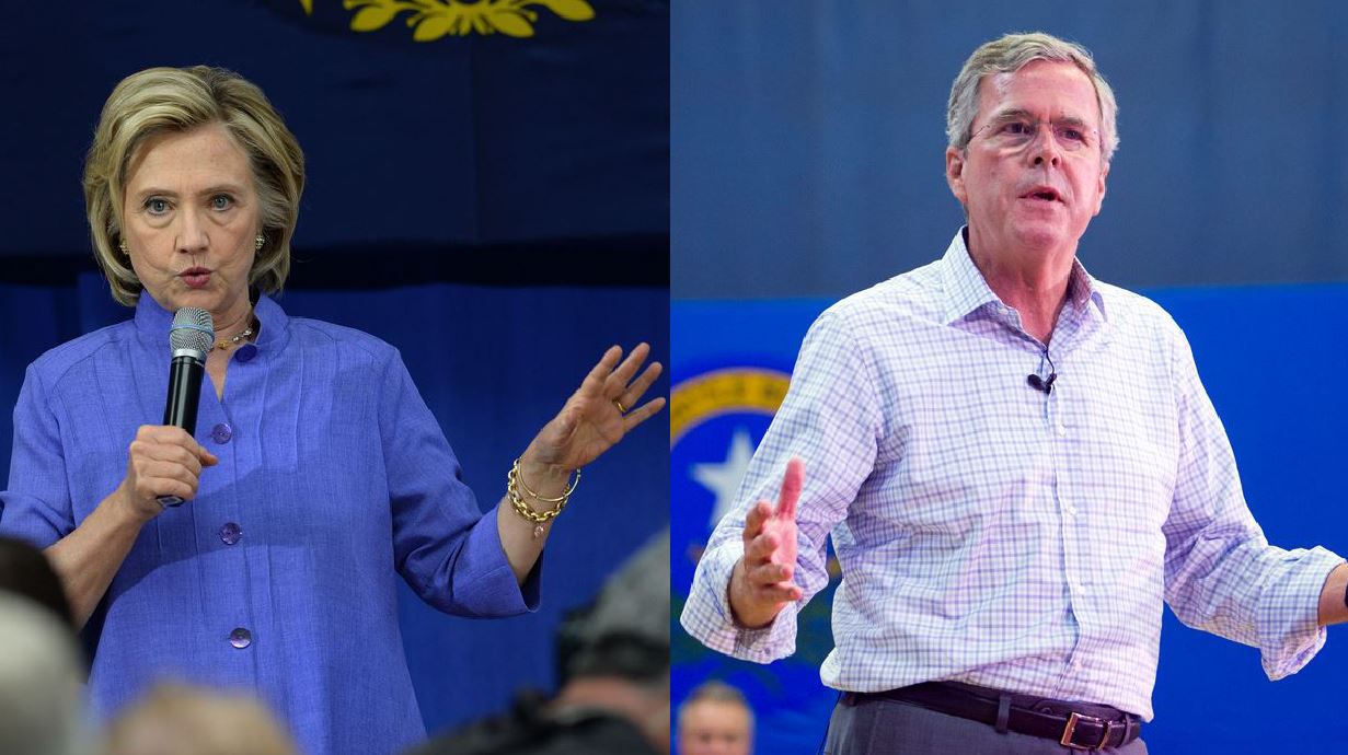 Left: Democratic presidential candidate Hillary Clinton hosts an event in New Hampshire Aug. 10. (Darren McCollester/Getty Images) Right: Former Florida Gov. Jeb Bush speaks in Nevada Aug. 12, 2015. (Steve Marcus/Las Vegas Sun via AP)