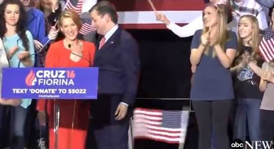 Carly Fiorina smiles on her introduction as Ted Cruz's desired running mate, in Indianapolis April 27, 2016 (ABC News screen grab).