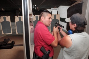 State Rep. Vicki Truitt works with a concealed handgun license instructor in 2008.