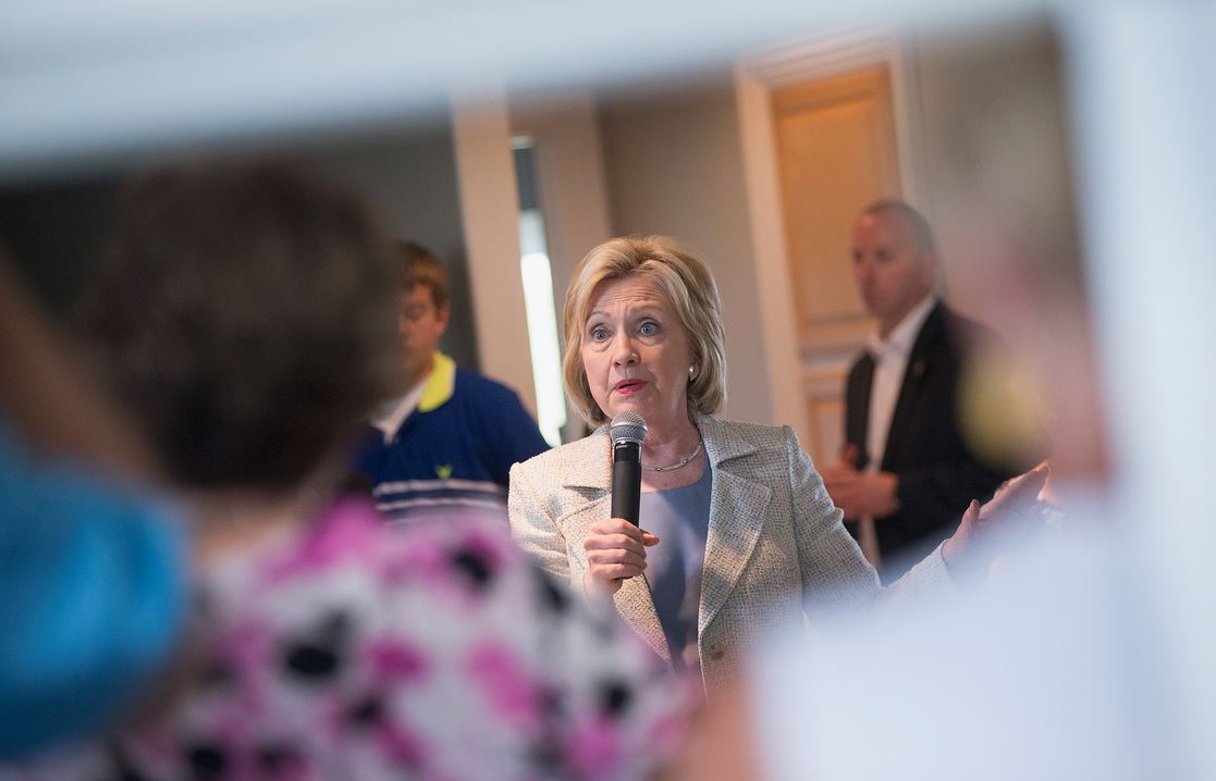 Democratic presidential hopeful Hillary Clinton speaks to guests gathered for a house party on July 26, 2015 in Carroll, Iowa. (Photo by Scott Olson/Getty Images)