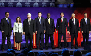 Republican presidential candidates Rick Santorum, left, Michele Bachmann, Newt Gingrich, Mitt Romney, Herman Cain, Rick Perry, Ron Paul and Jon Huntsman debated Wednesday night at Oakland University in Michigan.