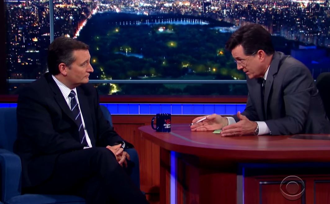 Stephen Colbert interviews Sen. Ted Cruz, R-Texas, about Ronald Reagan on Sept. 21, 2015 on "The Late Show." (Screengrab from CBS video)