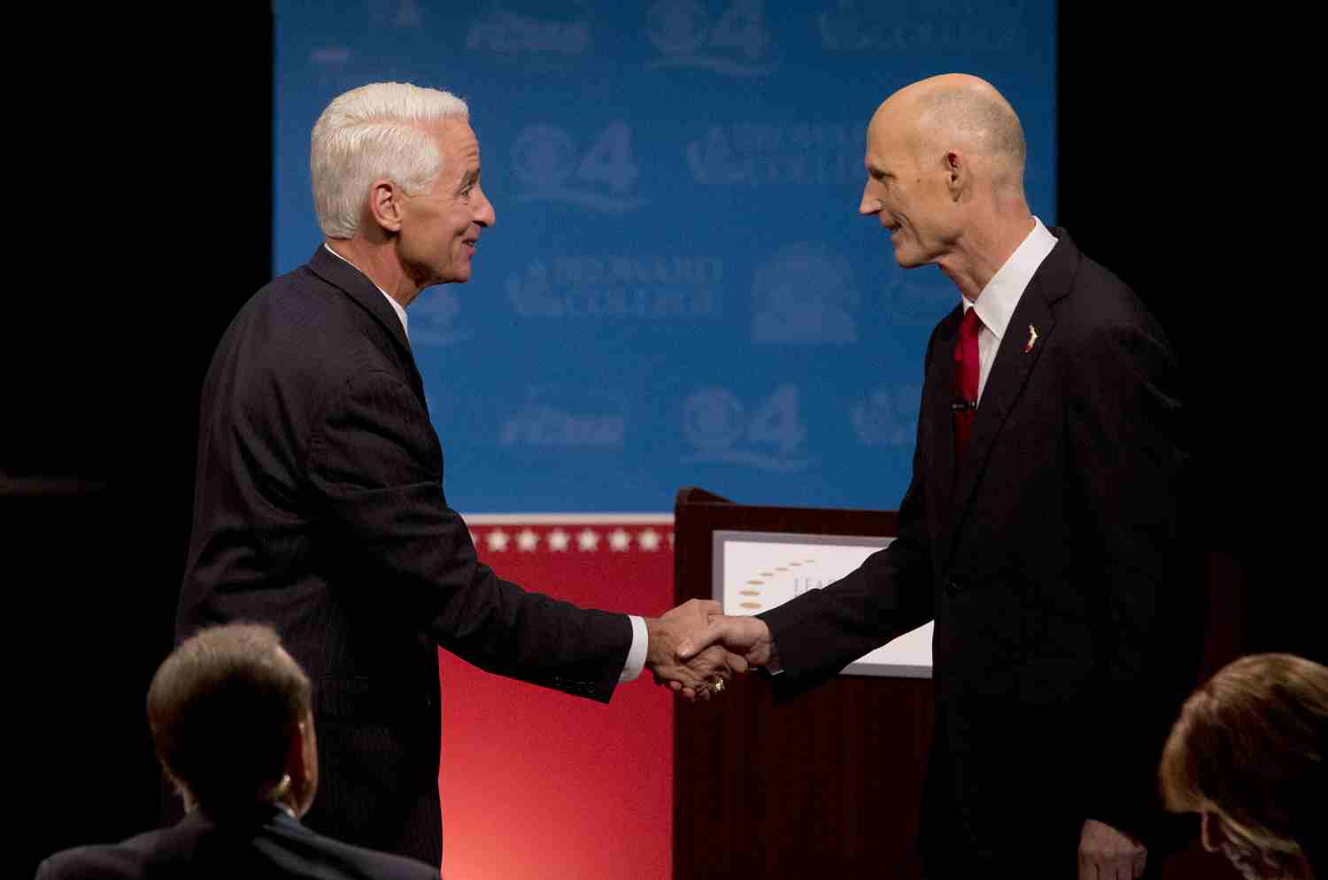 Former Gov. Charlie Crist and current Gov. Rick Scott debated at Broward College on Oct. 15, 2014.