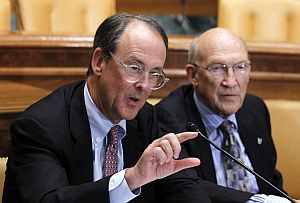 Erskine Bowles, left, and Alan Simpson, co-chairs of the president's fiscal commission, discuss ideas to reduce the national debt.