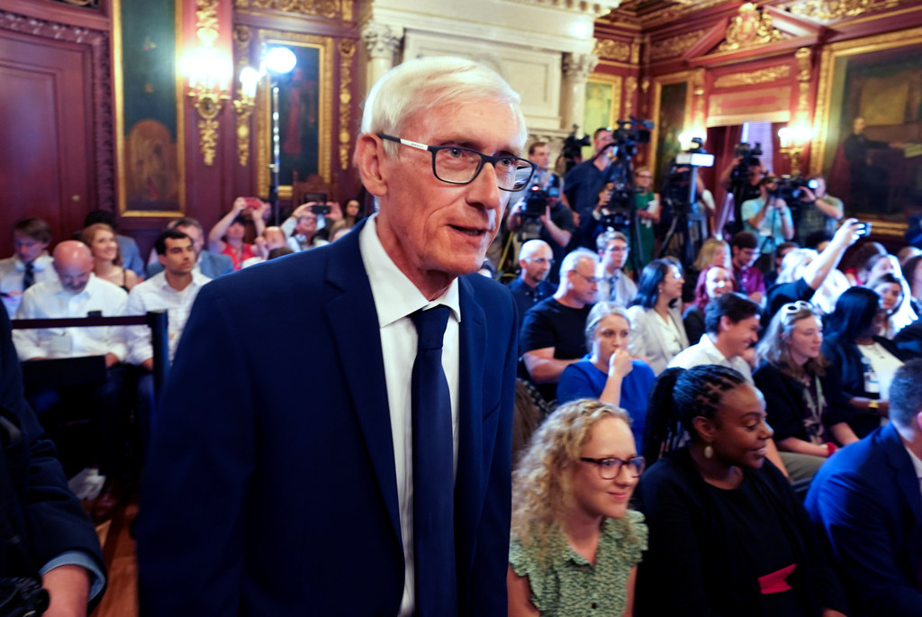 Gov. Tony Evers arrives to sign the budget at the State Capitol in Madison in July 2019. (Steve Apps/Wisconsin State Journal via AP)