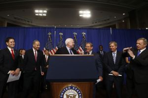 Sen. John McCain, center, and other members of the Gang of Eight talked immigration reform in Washington in April.