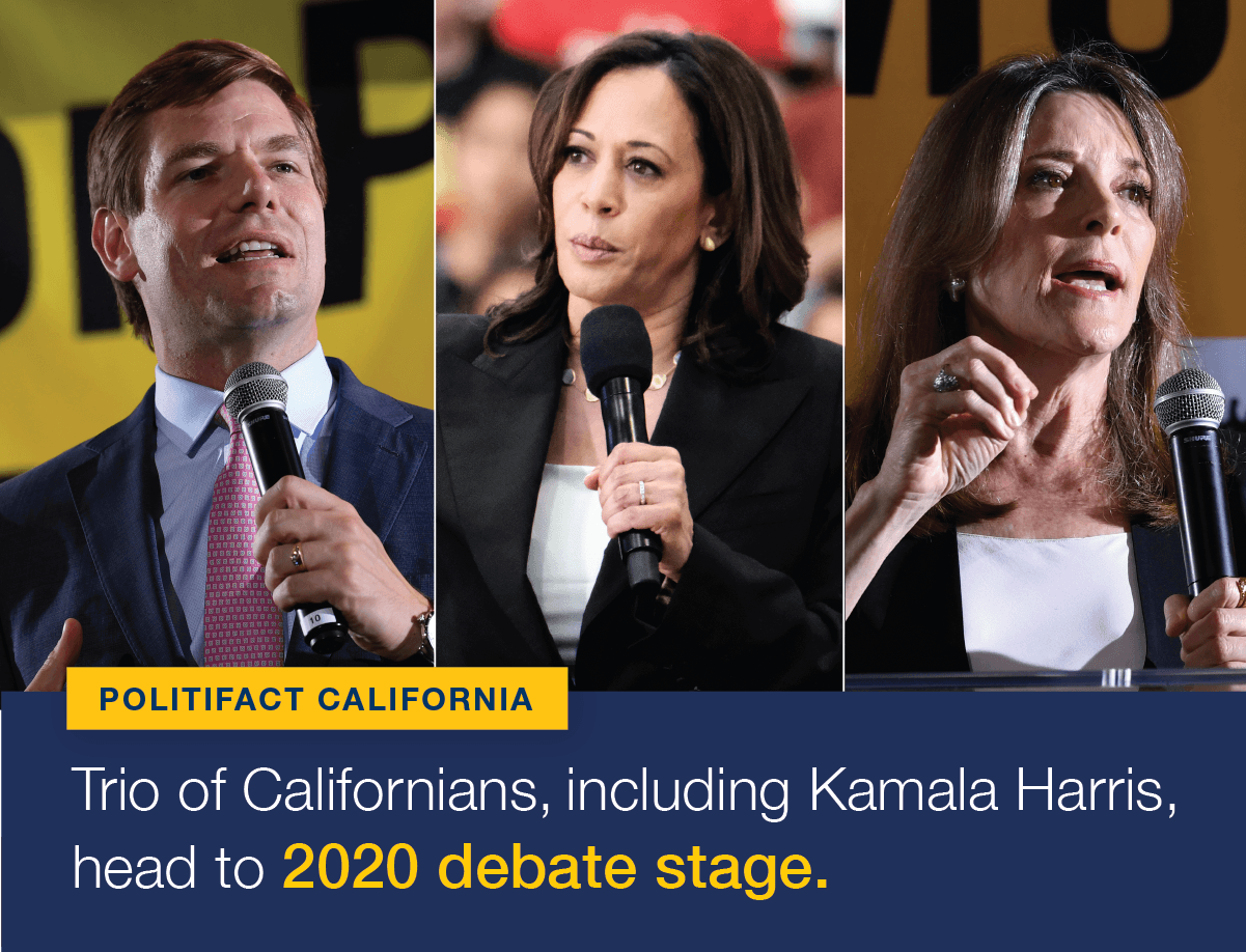 Three Californians, Sen. Kamala Harris, Rep. Eric Swalwell and author Marianne Williamson, will take part in tonight's Democratic presidential debate in Miami.