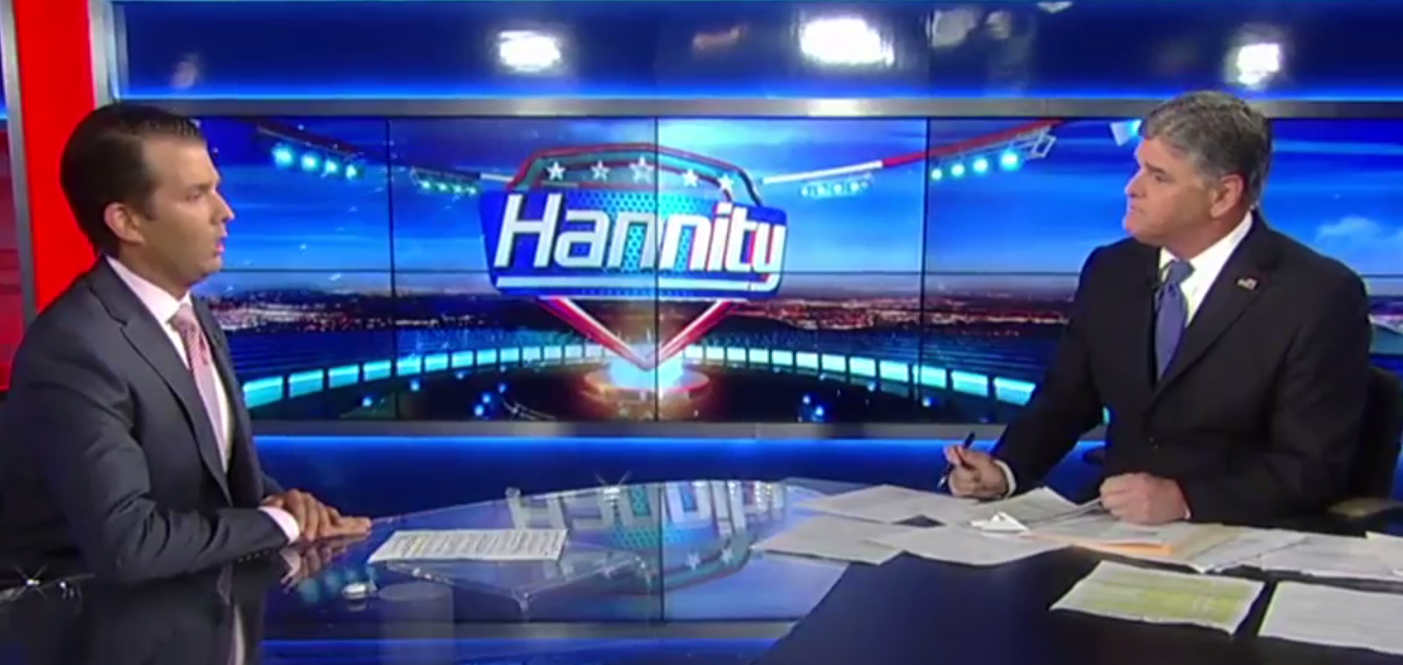 Donald Trump Jr. spoke with Fox News host Sean Hannity about his emails about materials from Russia that would undercut Hillary Clinton. (Screenshot)