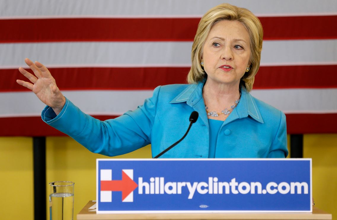 Democratic presidential candidate Hillary Clinton speaks about her renewable energy plan July 27, 2015, in Des Moines, Iowa. (AP Photo/Charlie Neibergall)