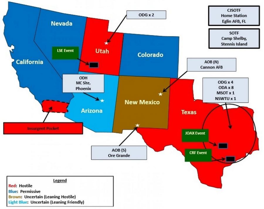 A federal map shows pretend designations of hostile territory for the Jade Helm 15 exercise set to run from July to September 2015. (U.S. Army handout)