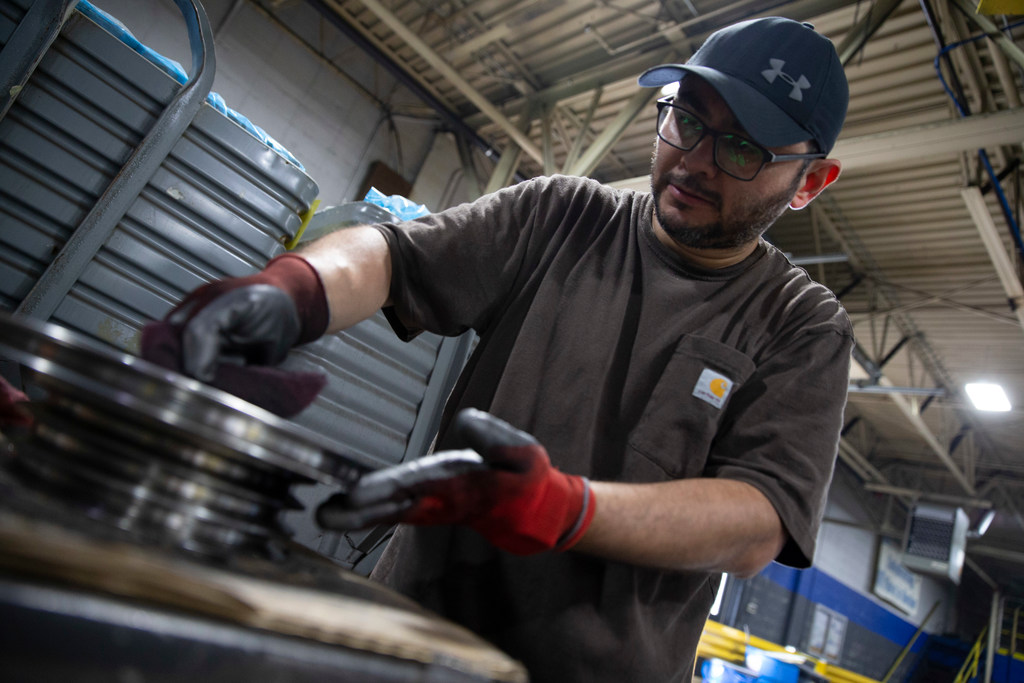 Jose Lopez works on a piece of equipment at Marini Manufacturing, Inc. in Racine, Wisconsin on Tuesday, July 16, 2019. Colin Boyle/Milwaukee Journal Sentinel