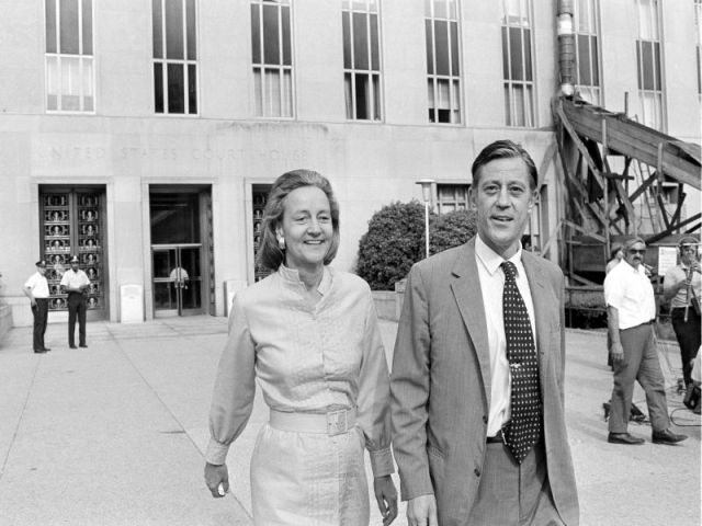 In this June 21, 1971 file photo, Washington Post Executive Director Ben Bradlee and Post Publisher Katharine Graham leave U.S. District Court in Washington (AP Photo, File).