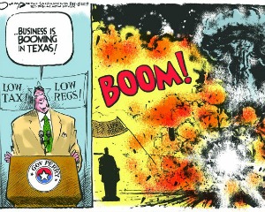 Editorial cartoonist Jack Ohman's depiction of Gov. Rick Perry and the explosion of a plant in West, Texas, appeared April 25, 2013 in California's Sacramento Bee.