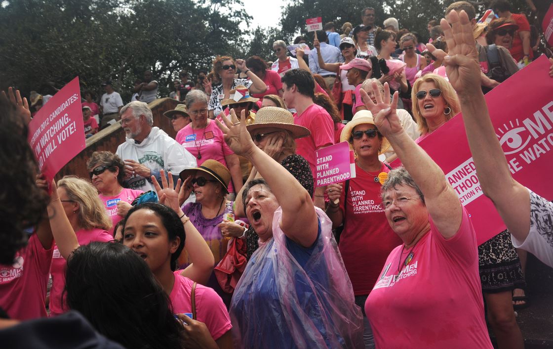 Planned Parenthood supporters chant "four more years!" during a rally during the second day of the Republican National Convention August 29, 2012 in Tampa, FL. (Leah Millis | Tampa Bay Times)