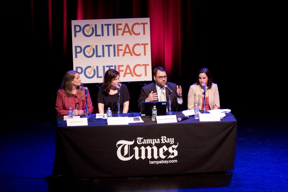Tampa Bay Times deputy managing editor for politics and business Amy Hollyfield, PolitiFact editor Angie Holan, executive director Aaron Sharockman and deputy editor Katie Sanders discuss fact-checking March 1 in St. Petersburg. | Boyzell Hosey, Times