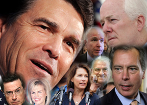 Clockwise from top left are Texas Gov. Rick Perry, Arizona Sen. John McCain, Texas Sen. John Cornyn, Texas Lt. Gov. David Dewhurst, Texas U.S. Rep. John Carter, Minnesota U.S. Rep. Michele Bachmann, and TV hosts Gretchen Carlson and Stephen Colbert.