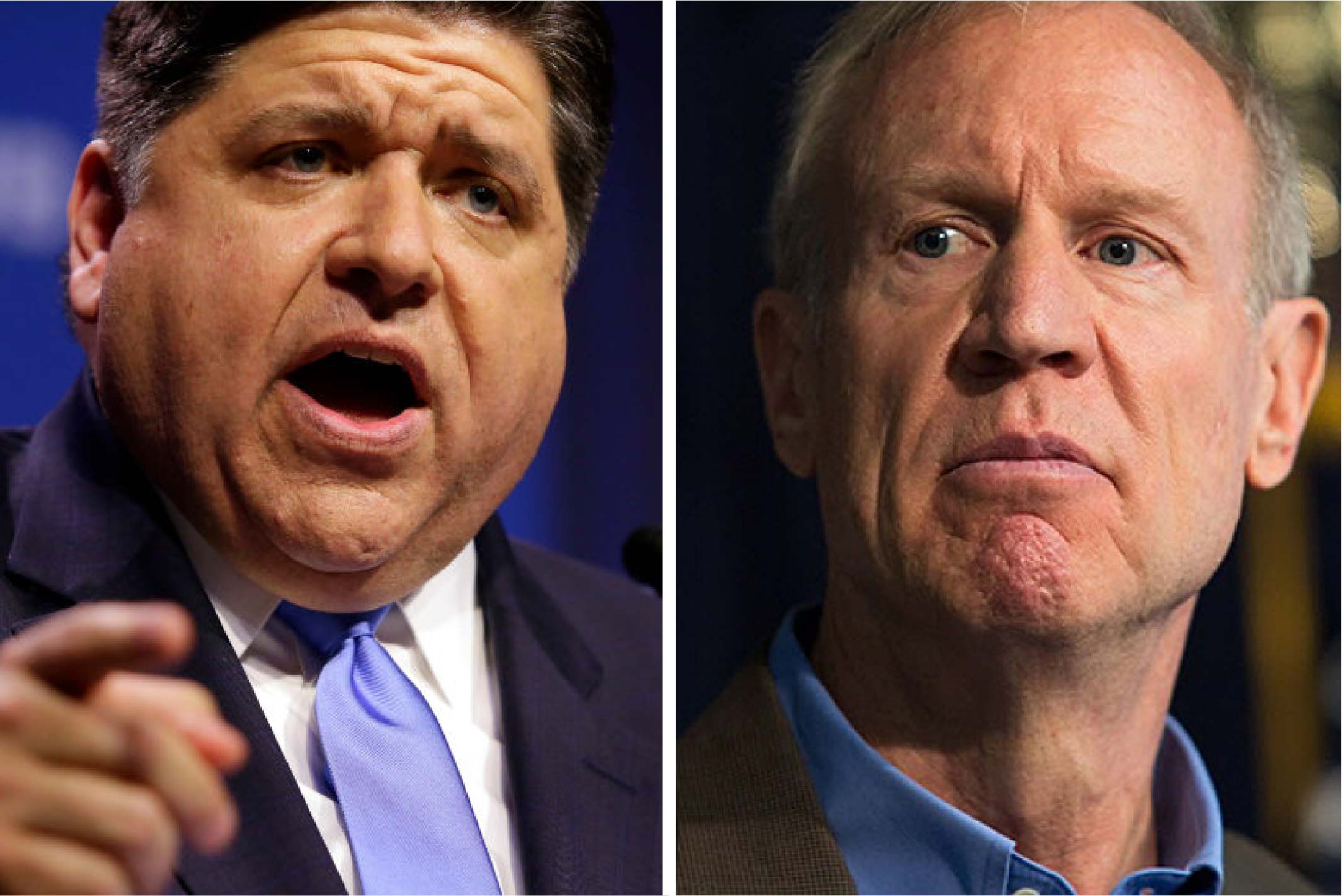 Pritzker: Joshua Lott/Getty Images; Rauner: Lou Foglia/Sun-Times