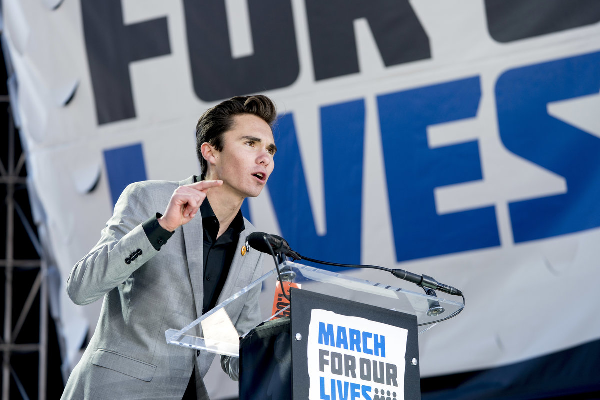 David Hogg, a survivor of the mass shooting at Marjory Stoneman Douglas High School in Parkland, Fla., speaks during the "March for Our Lives" rally in support of gun control in Washington on March 24, 2018. (AP Photo/Andrew Harnik)