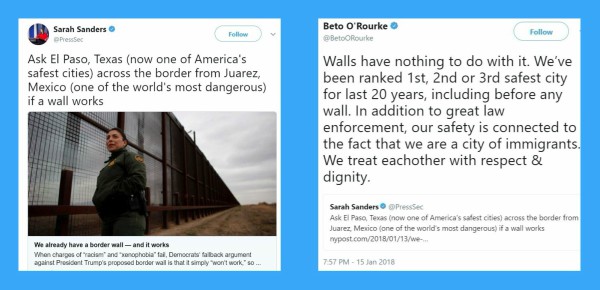 On Jan. 15, 2018, Sarah Huckabee Sanders posted the tweet to the left and Beto O'Rourke of Texas responded with the tweet on the right.