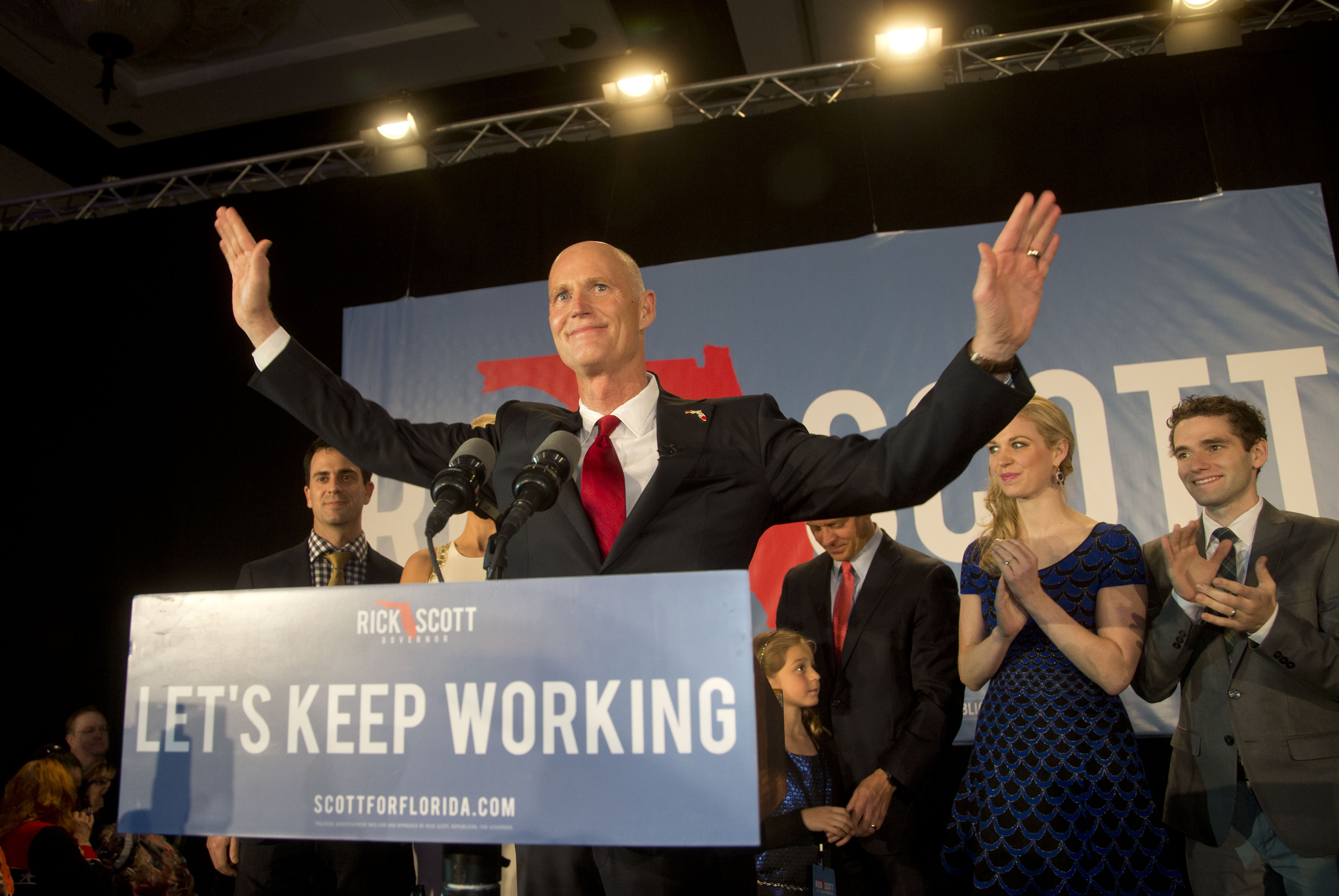 Gov. Rick Scott won a second term by 64,000 votes, and made a lot of new promises along the way. (AP photo)